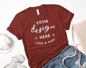 Download Bella Canvas 3001 Rust T Shirt Mockup Flat Lay Denim Shorts Bag Mockup Summer Fashion T Shirt Mock Up Cute Feminine Apparel Mockup Free Psd Mockup Template PSD Mockup Templates