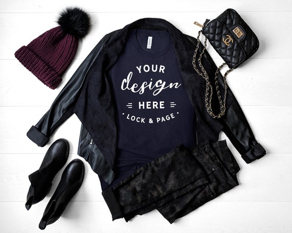 Navy Bella Canvas 3001 Fall T-Shirt Mockup Autumn Autumnal Navy Bella Canvas 3001 Fall T-Shirt Mockup Autumn Autumnal