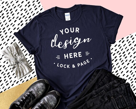 Gildan 6400 Navy T-Shirt Mockup Feminine Flat Lay On