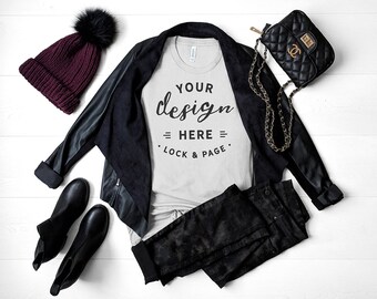 Download Free Silver Fall TShirt Mockup Bella Canvas 3001 Autumn Winter Fashion T-Shirt Flat Lay Seasonal Apparel Ladies Feminine Mockup T Shirt Bag PSD Template