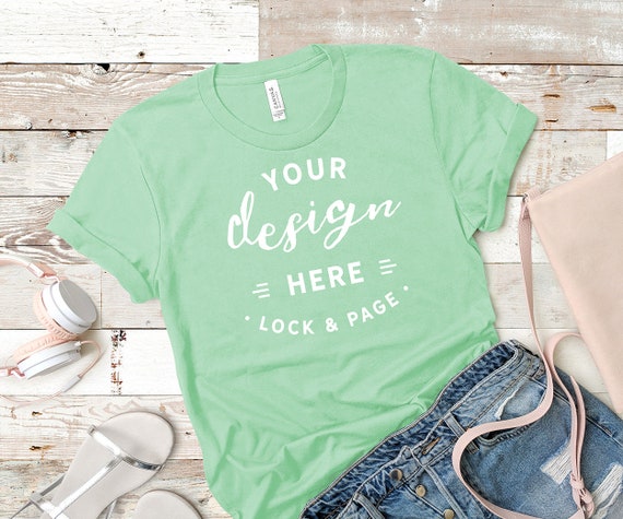 Mint Bella Canvas 3001 Mockup T-Shirt Flat Lay Beach