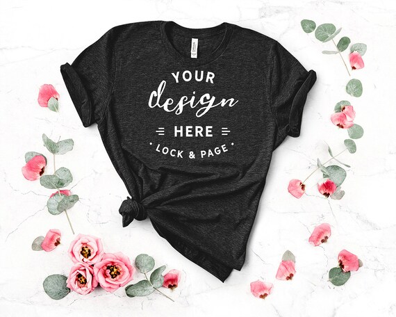 Heather Black Mockup Floral Bella Canvas 3001 Feminine T-Shirt
