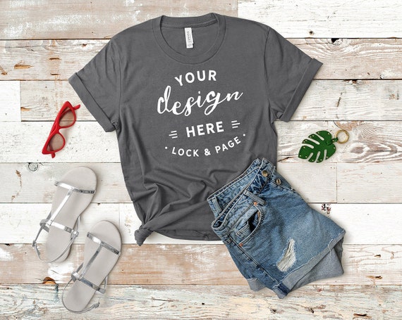 Bella Canvas 3001 Mockup Asphalt T-Shirt Flat Lay Denim