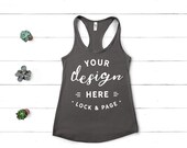 Next Level 1533 Mockup Dark Grey Flat Lay Ladies Summer Racerback Muscle Workout Gym Tank Top Vest Beach Apparel White Wood Backdrop