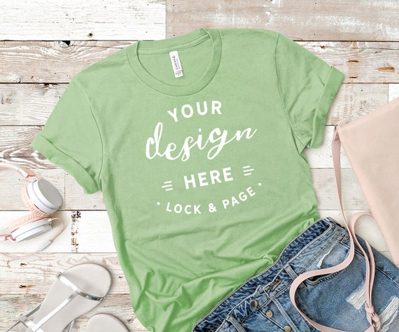 Leaf Bella Canvas 3001 Mockup T-Shirt Flat Lay Beach