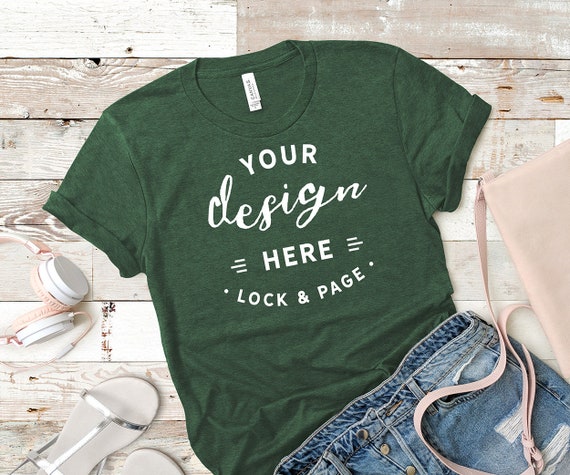 Green Grass Bella Canvas 3001 Mockup T-Shirt Flat Lay