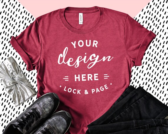 Heather Raspberry Bella Canvas 3001 T-Shirt Mockup Feminine Flat