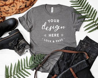 Download Free Autumn Mockup T-Shirt Heather Storm Bella Canvas 3001 Fall Mockup Autumnal Fashion T Shirt Flat Lay Seasonal Mockup Leaves Unisex TShirt PSD Template