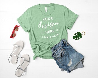 Download Free Heather Prism Mint Bella Canvas 3001 Mockup Unisex TShirt Flat Lay Denim Shorts Mockup Summer Fashion MockUp Cute Feminine Apparel Mockup PSD Template