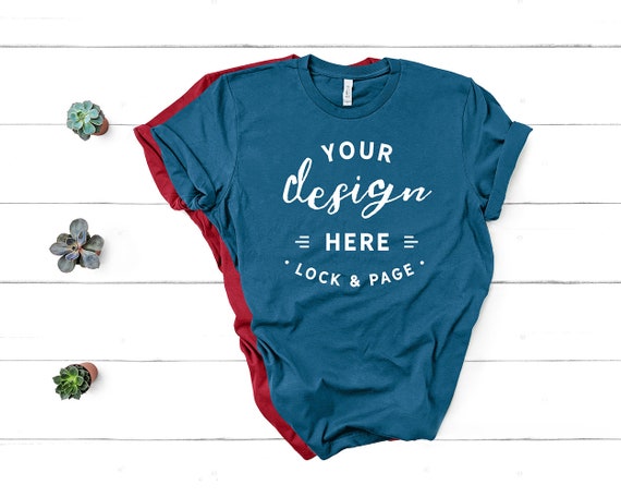 Download Free Bella Canvas 3001 Teal Red Set Unisex T-Shirt Mockup ...