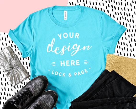 Aqua Bella Canvas 3001 T-Shirt Mockup Feminine Flat Lay