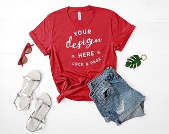 Download Bella Canvas 3001 Mockup Canvas Red Unisex Tshirt Flat Lay Denim Shorts Mockup Summer Fashion Mock Up Cute Feminine Apparel Mockup Plain T Shirt Mockup Psd All Free Mockups PSD Mockup Templates