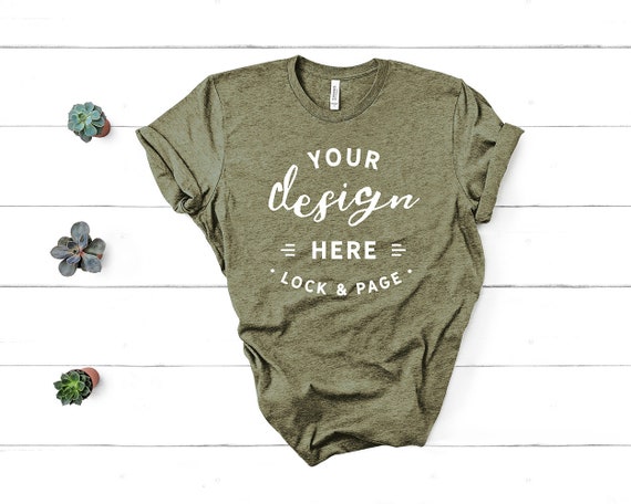 Unisex T-Shirt Mockup Bella Canvas 3001 Heather Olive Green