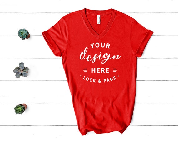 Red Bella Canvas 3005 Vneck T-Shirt Mockup Unisex Flat