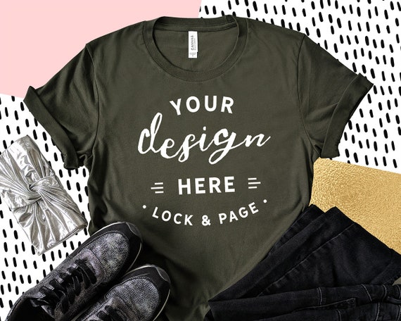 Army Bella Canvas 3001 T-Shirt Mockup Feminine Flat Lay