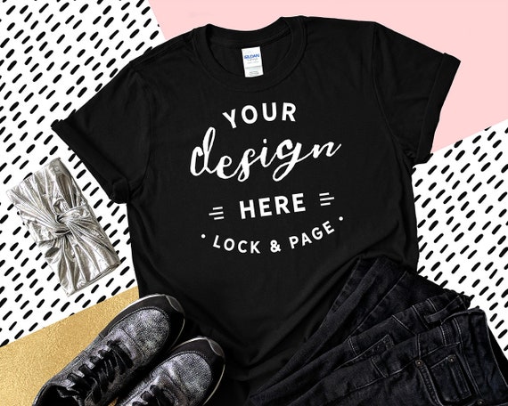 Download Gildan 6400 Black T Shirt Mockup Feminine Flat Lay On Model Mockups