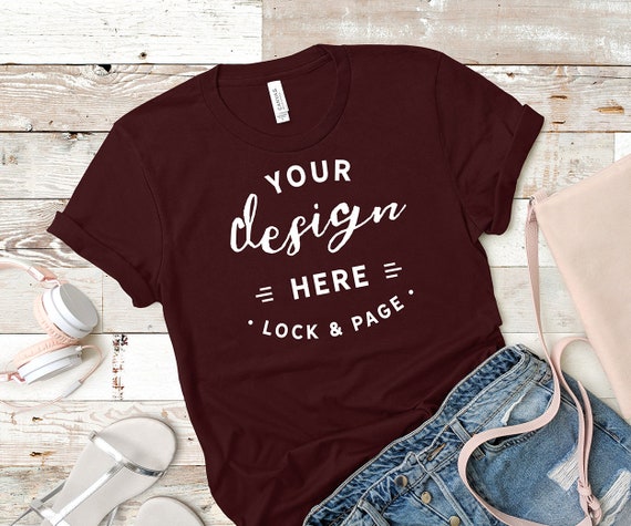 Oxblood Bella Canvas 3001 Mockup T-Shirt Flat Lay Beach Oxblood Bella Canvas 3001 Mockup T-Shirt Flat Lay Beach