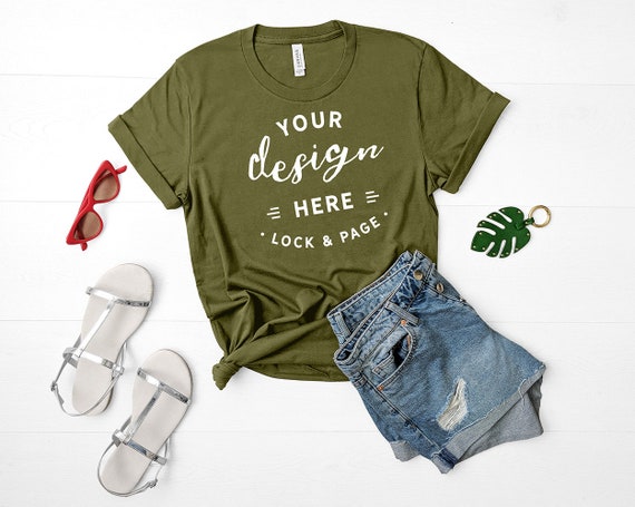 Bella Canvas 3001 Mockup Olive Green Unisex T-Shirt Flat