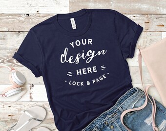 Download Navy Bella Canvas 3001 Mockup TShirt Flat Lay Beach Wood Mockup Summer Fashion T-Shirt Apparel ...