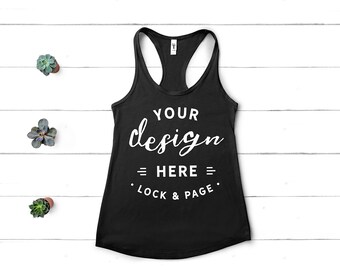 Download Free Black Muscle Tank Top Mockup Next Level 1533 Flat Lay Ladies Summer Racerback Workout Gym Vest Beach Apparel White Wood Backdrop PSD Template