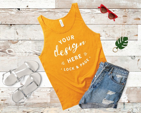 Bella Canvas 3480 Tank Top Jersey Mockup Orange Flatlay Bella Canvas 3480 Tank Top Jersey Mockup Orange Flatlay