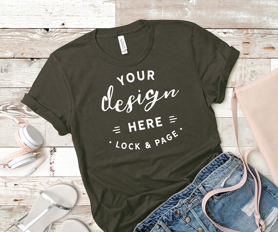 Army Bella Canvas 3001 Mockup T-Shirt Flat Lay Beach