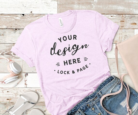 Lilac Bella Canvas 3001 Mockup T-Shirt Flat Lay Beach