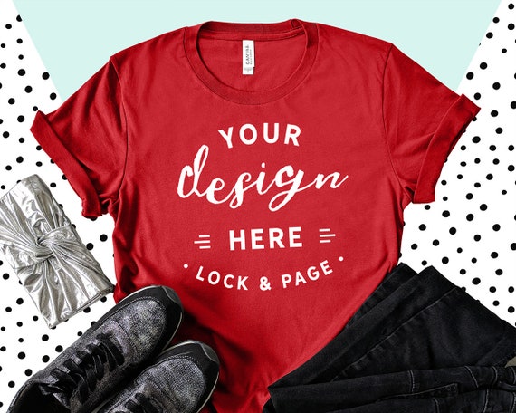 Red Bella Canvas 3001 T-Shirt Mockup Feminine Flat Lay