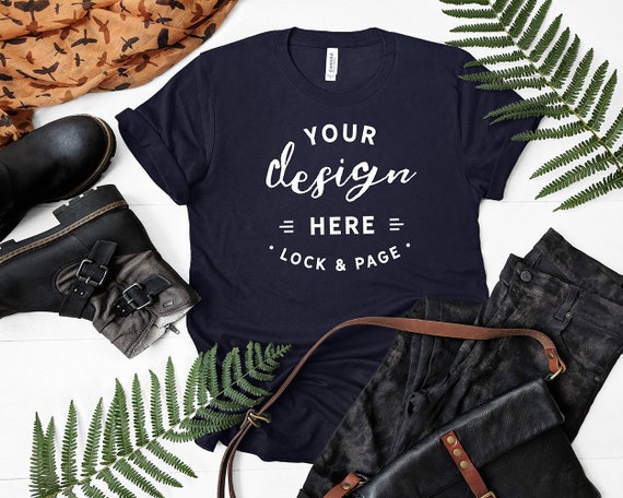 Autumn T-Shirt Mockup Bella Canvas 3001 Navy Fall Flat