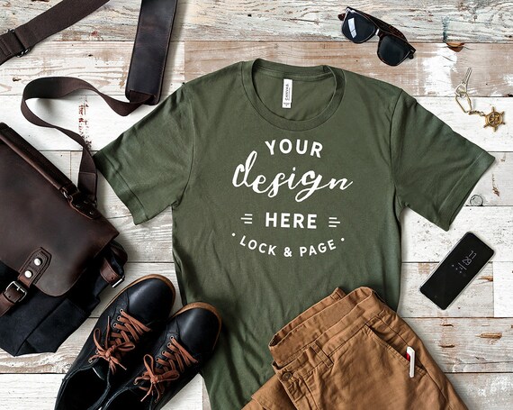 Mens Military Green Bella Canvas 3001 T-Shirt Mockup Masculine Mens Military Green Bella Canvas 3001 T-Shirt Mockup Masculine