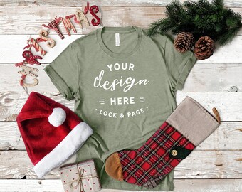 Download Christmas T Shirt Mockup Bella Canvas 3001 Heather Stone Festive Xmas Tee Shirt Flat Lay With Stocking Santa Hat And Pine Cones Best Free Psd Mockups To Download