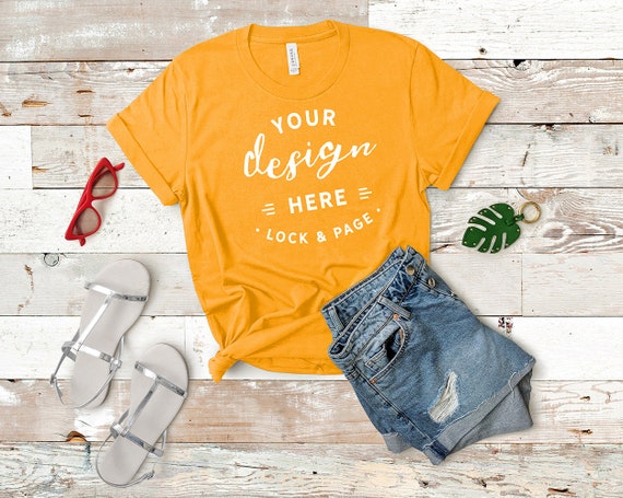 Gold Bella Canvas 3001 Mockup T-Shirt Flat Lay Denim