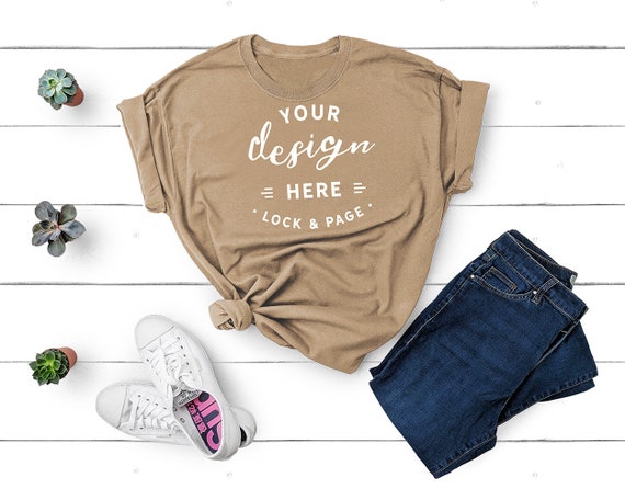 Tan Beige Gildan 5000 Unisex T-Shirt Mockup Flat Lay Tan Beige Gildan 5000 Unisex T-Shirt Mockup Flat Lay