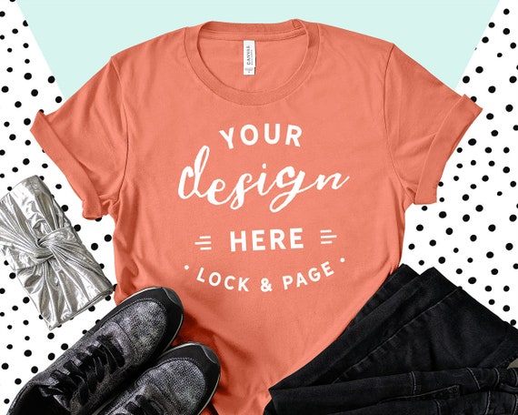 Sunset Bella Canvas 3001 T-Shirt Mockup Girly Flat Lay Sunset Bella Canvas 3001 T-Shirt Mockup Girly Flat Lay