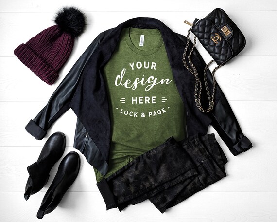 Fall T-Shirt Mockup Heather Green Bella Canvas 3001 Autumn Fall T-Shirt Mockup Heather Green Bella Canvas 3001 Autumn