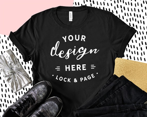Black Bella Canvas 3001 T-Shirt Mockup Feminine Flat Lay