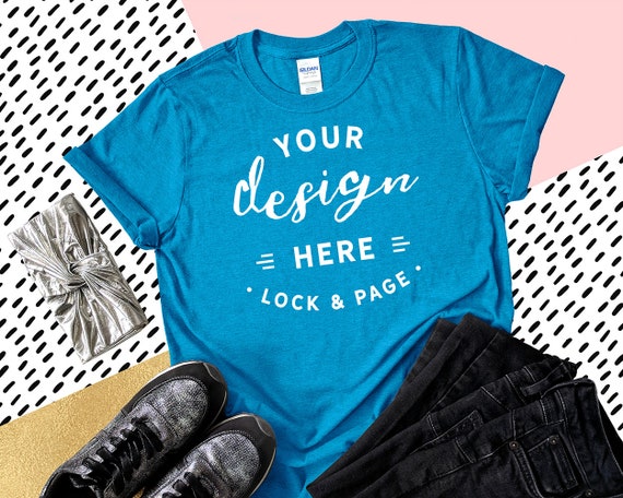 Gildan 6400 Antique Sapphire T-Shirt Mockup Feminine Flat Lay Gildan 6400 Antique Sapphire T-Shirt Mockup Feminine Flat Lay