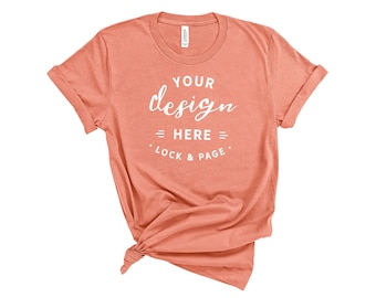 Download Free Sunset Bella Canvas 3001 T-Shirt Mockup On Basic White Background Feminine Knotted T Shirt Clean Shirt Mockup No Props PSD Template