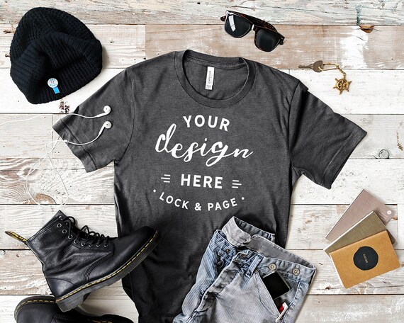 Mens Heather Dark Grey Bella Canvas 3001 T-Shirt Mockup