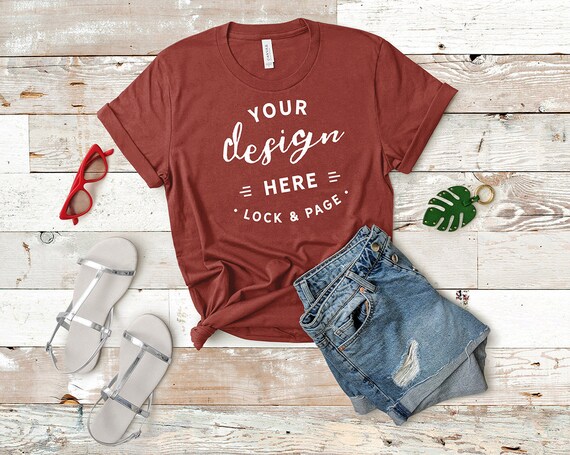 Bella Canvas Rust 3001 Mockup T-Shirt Flat Lay Denim Bella Canvas Rust 3001 Mockup T-Shirt Flat Lay Denim