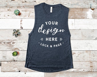 Download Free Bella Canvas 8803 Heather Navy Mockup Flowy Scoop Muscle Tank Top Racerback Ladies Summer Gym Vest Flat Lay Rustic Wooden Floor Backdrop PSD Template