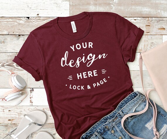 Maroon Bella Canvas 3001 Mockup T-Shirt Flat Lay Beach