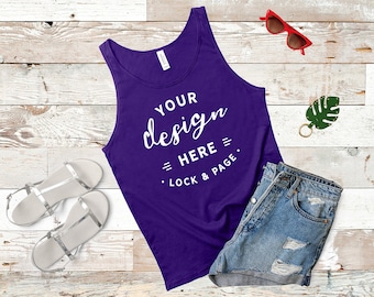 Team Purple Bella Canvas 3480 Tank Top Jersey Mockup FlatLay Ladies Summer Racerback Vest Top Workout Gym Beach Apparel Beach Wood Backdrop