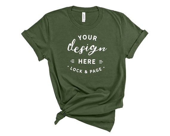 Military Green Bella Canvas 3001 T-Shirt Mockup On Basic Military Green Bella Canvas 3001 T-Shirt Mockup On Basic