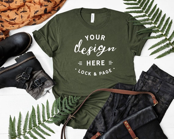 Fall T-Shirt Mockup Bella Canvas 3001 Autumn Military Green Fall T-Shirt Mockup Bella Canvas 3001 Autumn Military Green