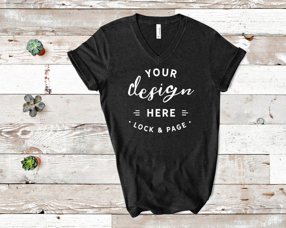 Black Heather Bella Canvas 3005 Vneck T-Shirt Mockup Flat