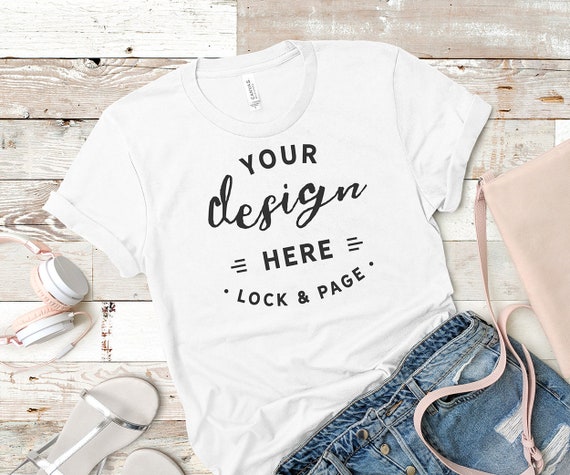 White Bella Canvas 3001 Mockup T-Shirt Flat Lay Beach