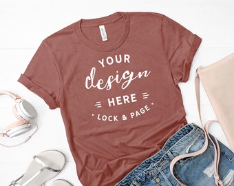 Download Free Bella Canvas 3001 Mauve T Shirt Mockup Flat Lay Denim Shorts Mockup Summer Fashion T Shirt Mock Up Cute Feminine Apparel Mockup PSD Template
