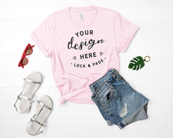 Download Free Bella Canvas 3001 Mockup Pink Unisex TShirt Flat Lay Denim Shorts Mockup Summer Fashion Mock Up Cute Feminine Apparel Mockup PSD Template