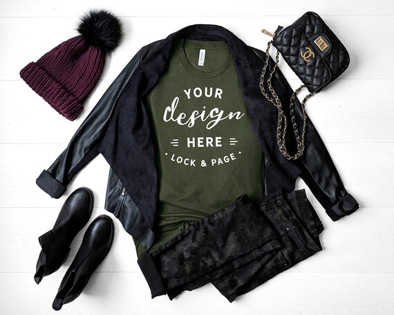 Fall T-Shirt Mockup Military Green Bella Canvas 3001 Autumn